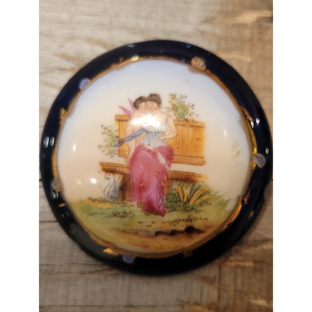 Antique Limoges Style Porcelain Cabochon Cherub & Woman Cobalt Blue Gold Trim